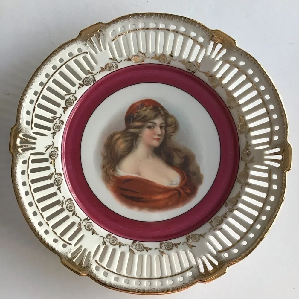 PAIR Portrait Plate Reticulated Maidens Paul's Gifts FRP & Co NY Germany Vintage